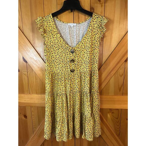 Day to Day Blu Pepper Tiered Short Sundress Yellow Red Brown Size Large (5316) - Picture 1 of 7